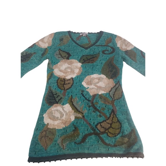 Peruvian Connection Sweater Womens XS Blue Floral Knit Quarter Sleeve Pullover - Picture 2 of 14